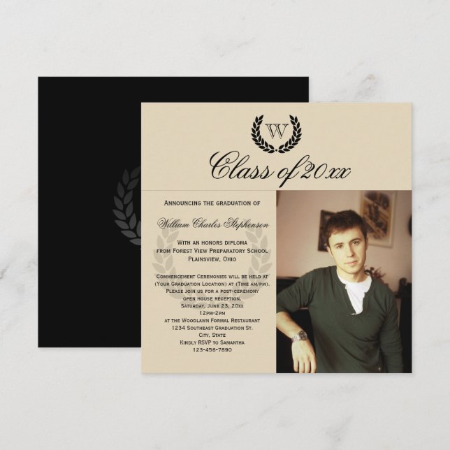 Invitación Letra cuadrada monograma graduación fotográfica cl (Anverso / Reverso)