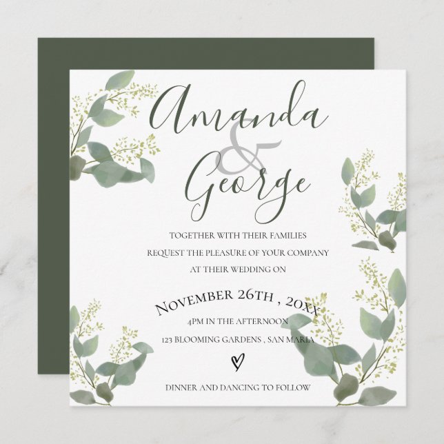 Invitación Letra cursiva elegante | Hojas de eucalipto | BODA (Anverso / Reverso)