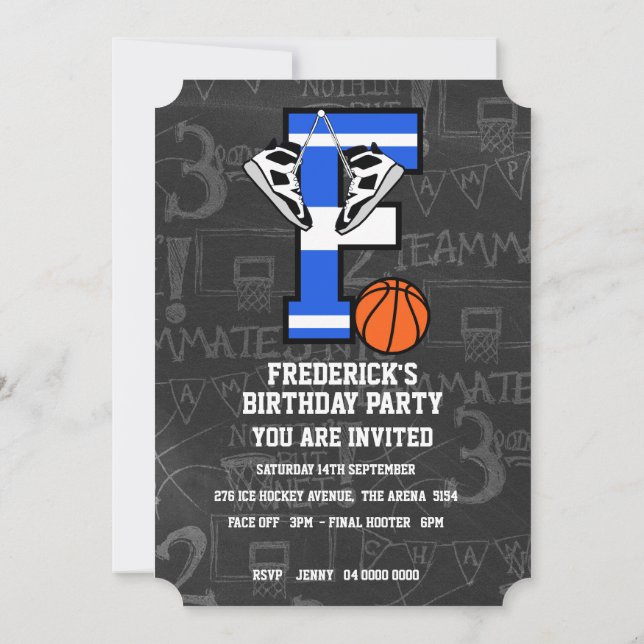 Invitación Letra de baloncesto inicial personalizada F (Reverso)