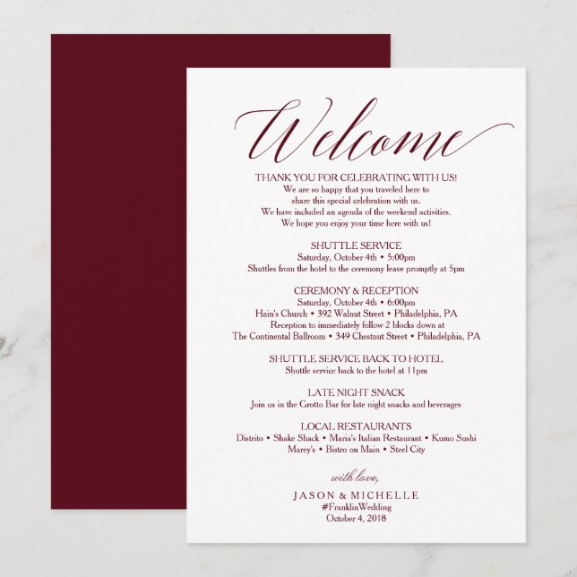 Invitación Letra de bienvenida tineraria de Boda de escritura (Anverso / Reverso)