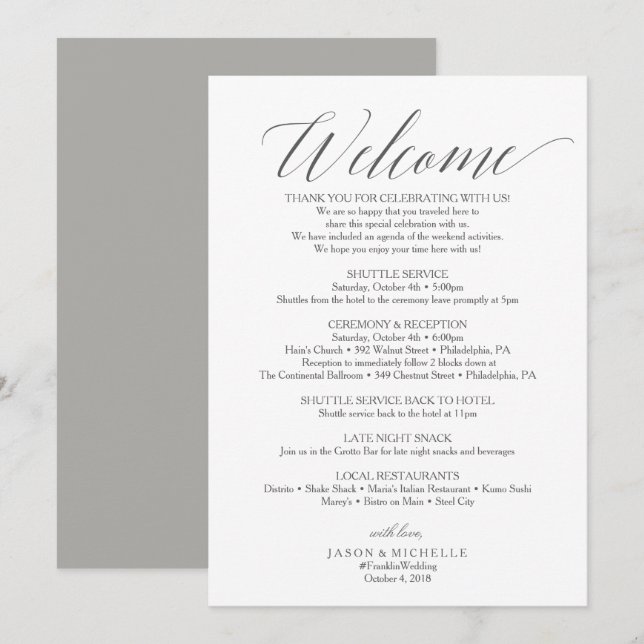 Invitación Letra de bienvenida tineraria del Boda de guiones  (Anverso / Reverso)
