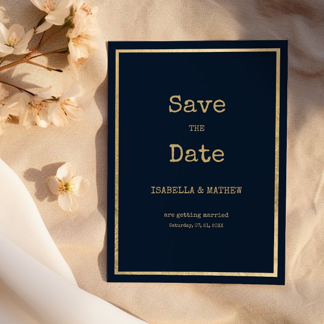 Invitación Letra de la máquina de escribir en oro azul marino (Navy blue gold typewriter font Save the Date)