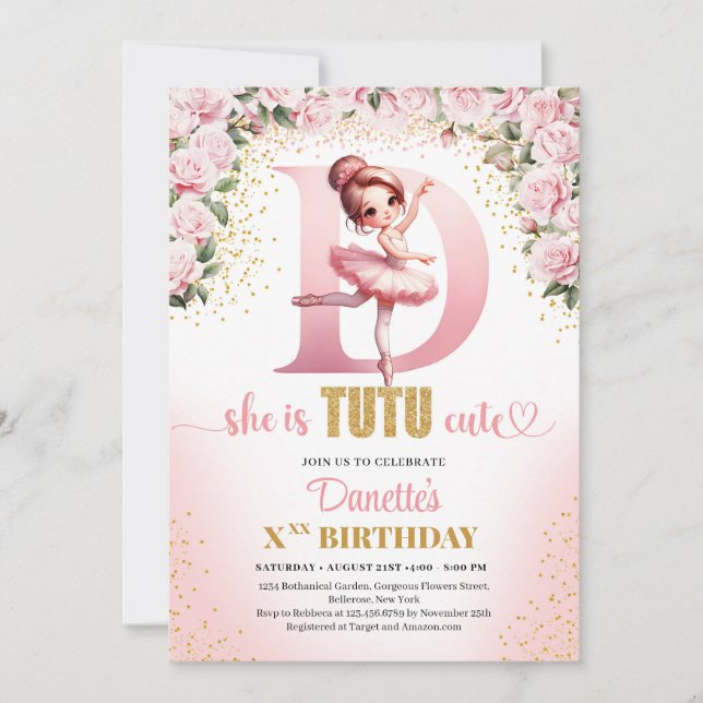 Invitación Letra de moda D monogram bailarina cumpleaños chic (Anverso)