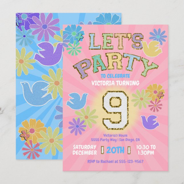Invitación Letra de parche Cumpleaños fiesta retro preppy hip (Anverso / Reverso)
