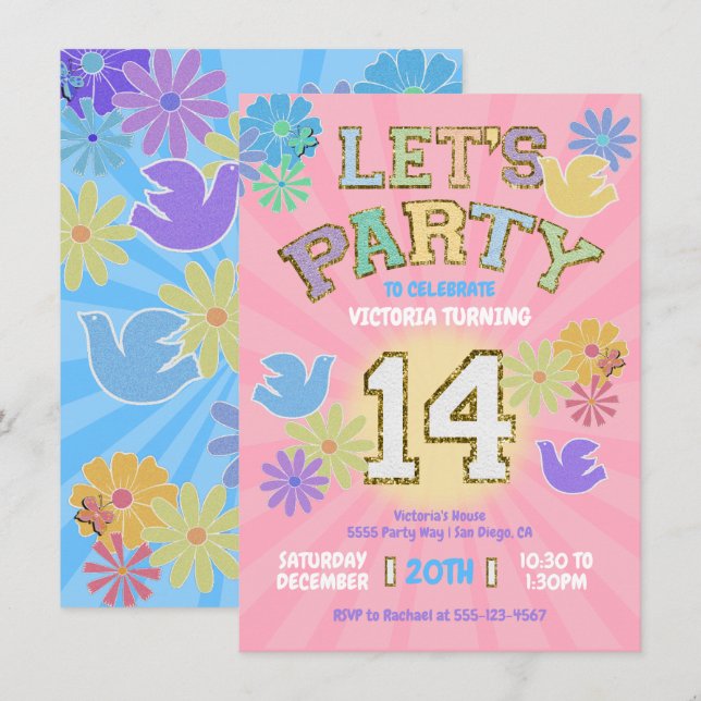 Invitación Letra de parche Cumpleaños fiesta retro preppy hip (Anverso / Reverso)