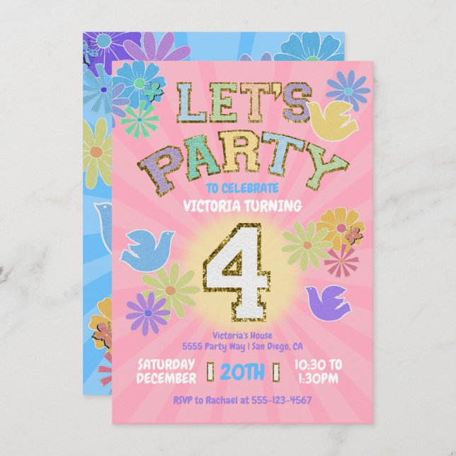 Invitación Letra de parche Cumpleaños fiesta retro preppy hip (Anverso / Reverso)