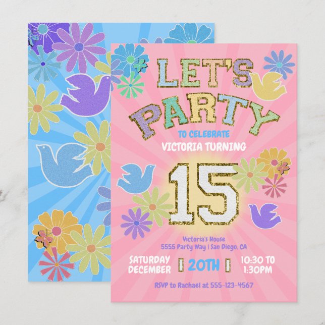 Invitación Letra de parche Cumpleaños fiesta retro preppy hip (Anverso / Reverso)
