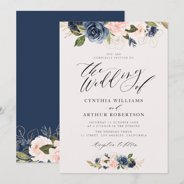 Invitación letra de script con marina floral y boda ruboroso (Anverso / Reverso)