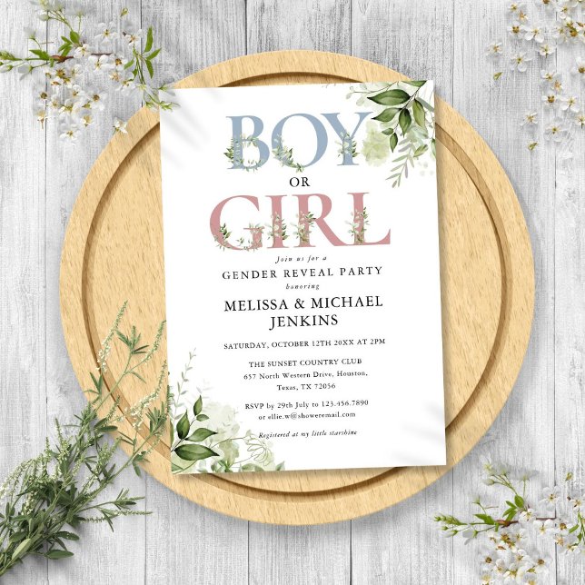 Invitación Letra de verde Chica o de niño Fiesta de revelació (Boy Or Girl Greenery Letter Gender Reveal Party Invitation)