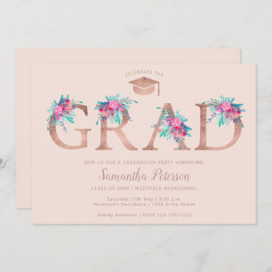 Invitación Letra dorada Rosa floral graduación rosa rubor