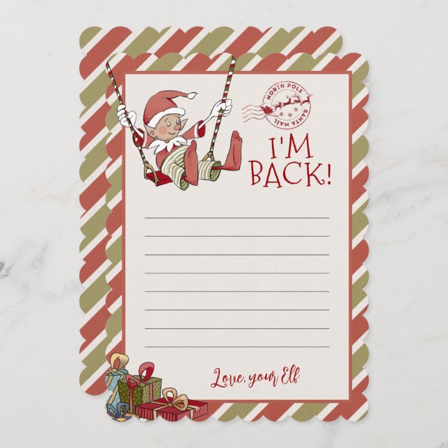 Invitación Letra Elf "I'm Back" Notecard editable (Anverso / Reverso)