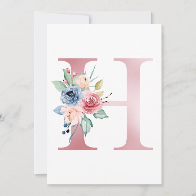 Invitación Letra falsa Relieve metalizado rosa H Monograma fl (Anverso)