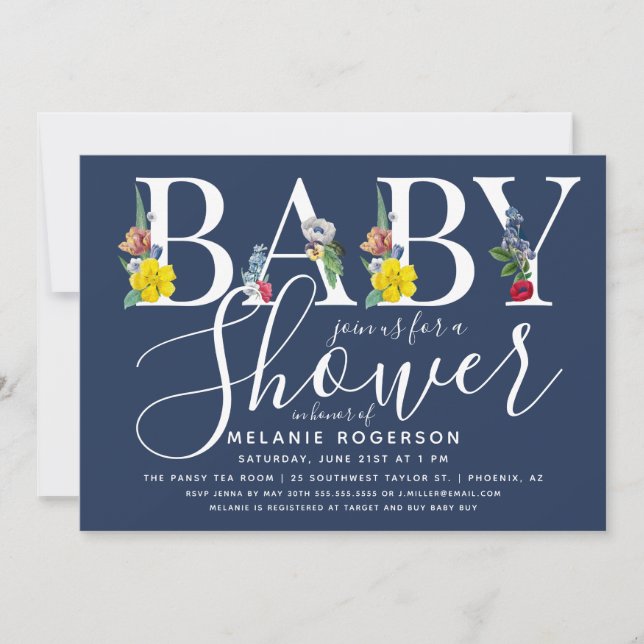 Invitación Letra floral alfabeta Baby Shower (Anverso)