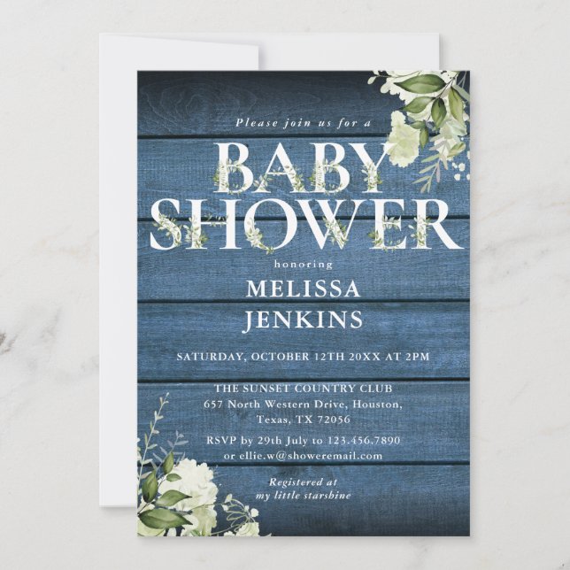 Invitación Letra floral azul de madera rusa Baby Shower (Anverso)
