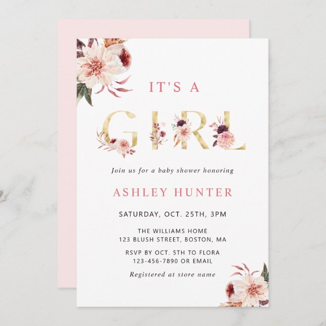 Invitación Letra floral oro Chica elegante Baby Shower (Anverso / Reverso)