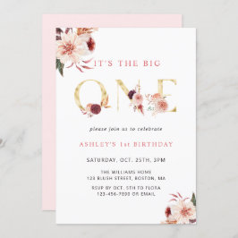 Invitación Letra floral oro Chica elegante primer cumpleaños
