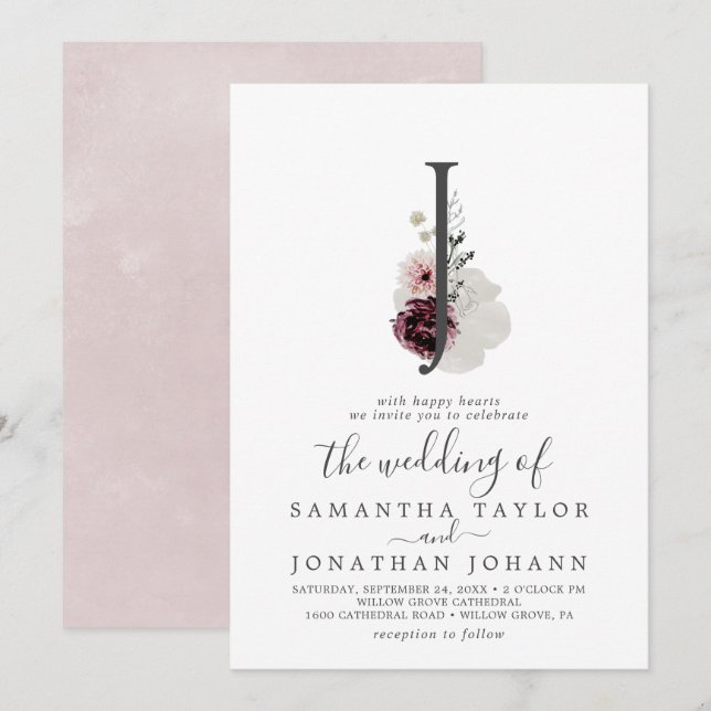 Invitación Letra floral romance J Monograma Boda (Anverso / Reverso)