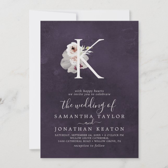 Invitación Letra floral romance monograma K | Boda de ciruela (Anverso)