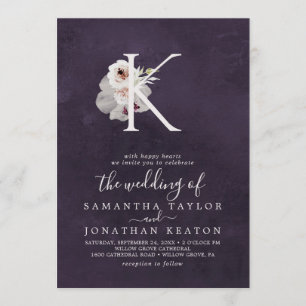 Invitación Letra floral romance monograma K   Boda de ciruela
