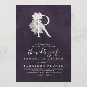 Invitación Letra floral romance r monograma   Boda de ciruela