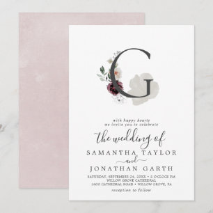 Invitación Letra floral romántica G Monograma Boda
