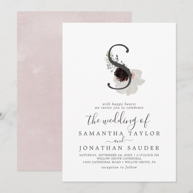 Invitación Letra floral romántica S Monograma Boda (Anverso / Reverso)