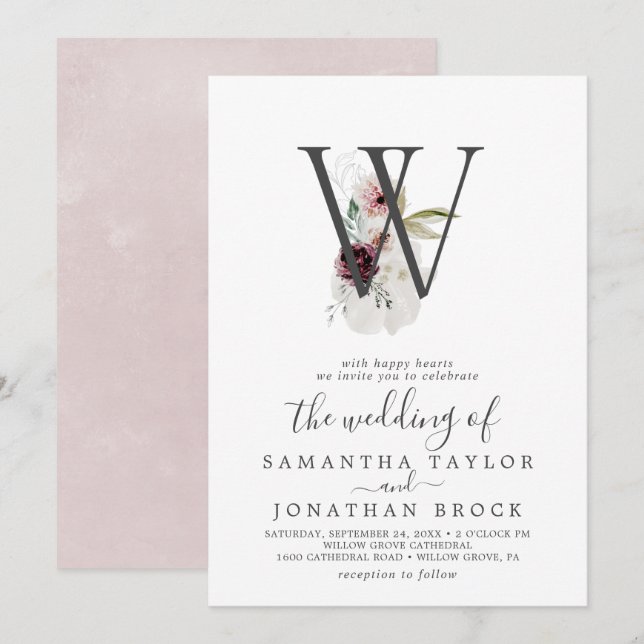 Invitación Letra floral romántica W Boda monograma Rubor (Anverso / Reverso)
