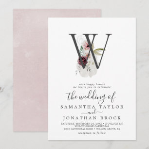 Invitación Letra floral romántica W Boda monograma Rubor