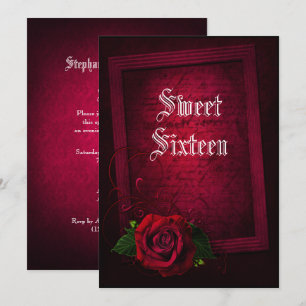 Invitación Letra gótica con marco y dulce rosa rojo 16