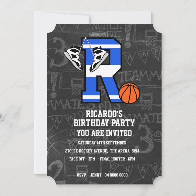 Invitación Letra Inicial de Baloncesto Personalizada R (Reverso)