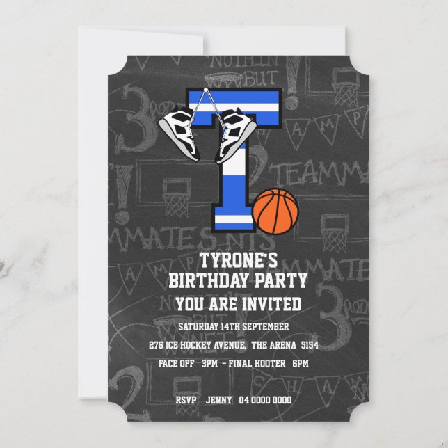 Invitación Letra inicial de baloncesto personalizada T (Reverso)