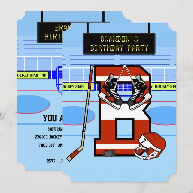 Invitación Letra inicial personalizada B Hockey sobre hielo (Anverso / Reverso)