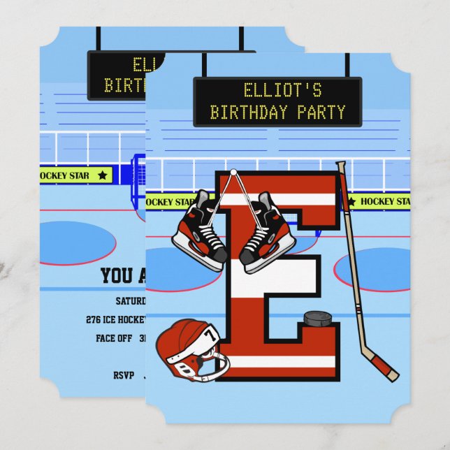 Invitación Letra inicial personalizada E Hockey sobre hielo (Anverso / Reverso)