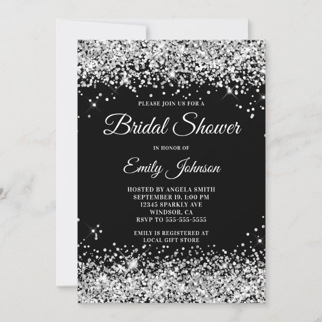 Invitación Letra Mayúscula Negra con Brillo Plateado para Bod (Anverso)