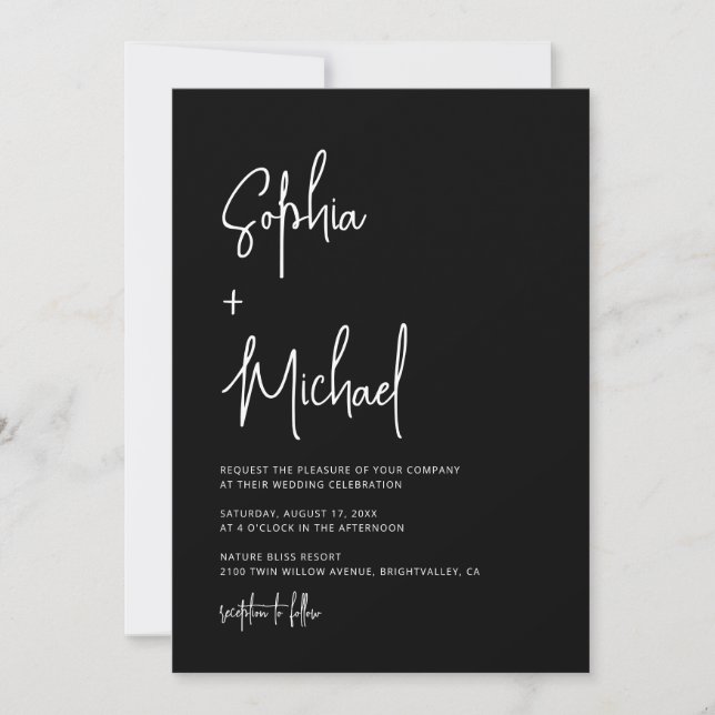 Invitación Letra Moderna a Mano Script Bodas Blanco y Negro (Anverso)