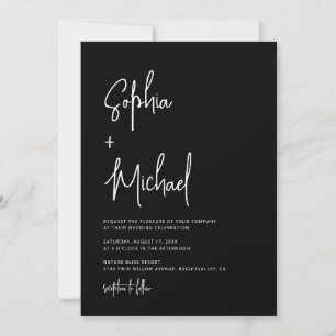 Invitación Letra Moderna a Mano Script Bodas Blanco y Negro