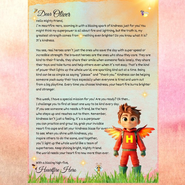 Invitación Letra personalizada de amabilidad de superhéroe im (Heartfire Hero Superhero Letter for Kids – Kindness Mission Printable)