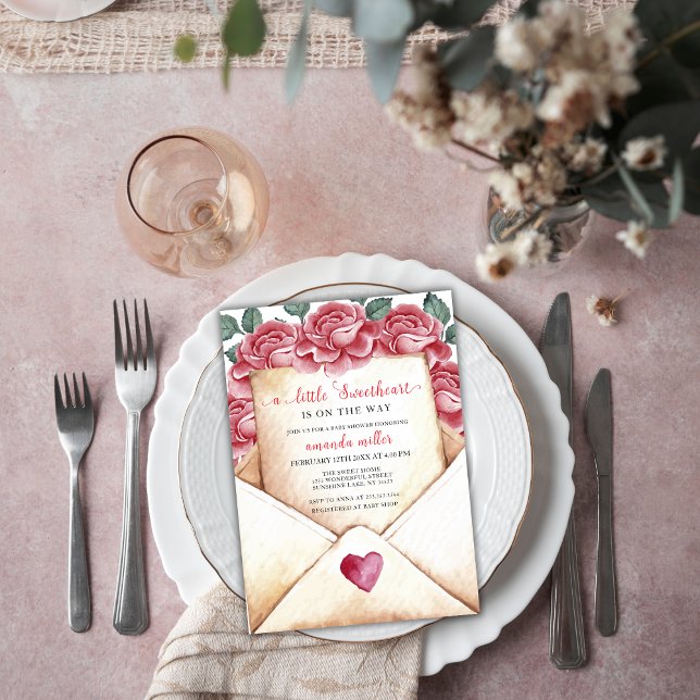 Invitación Letra Rosa dulce Valentine Baby Shower (Rose Sweetheart Letter Valentine Baby Shower Invitation)