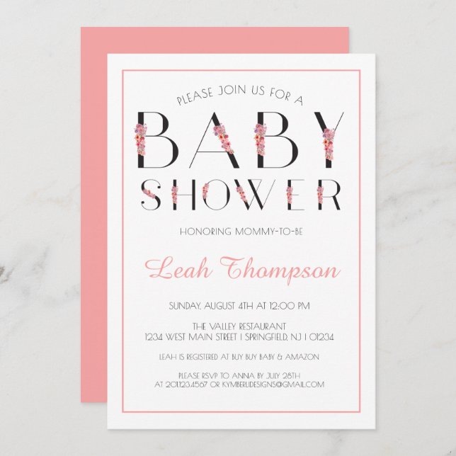 Invitación Letra rosa floral Baby Shower (Anverso / Reverso)
