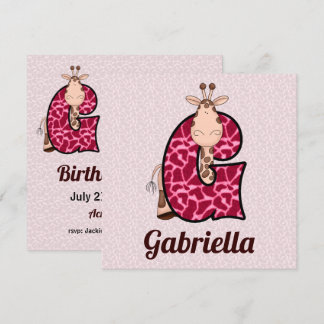 Invitación Letra rosa jirafa G fiesta de cumpleaños