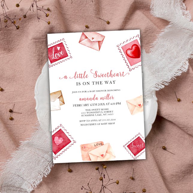 Invitación Letra Stamp SValentine Baby Shower (Letter Stamp Sweetheart Valentine Baby Shower Invitation)