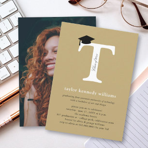 Invitación Letra T Clásica de Monograma Foto Fiesta de Gradua