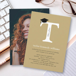 Invitación Letra T Clásica de Monograma Foto Fiesta de Gradua