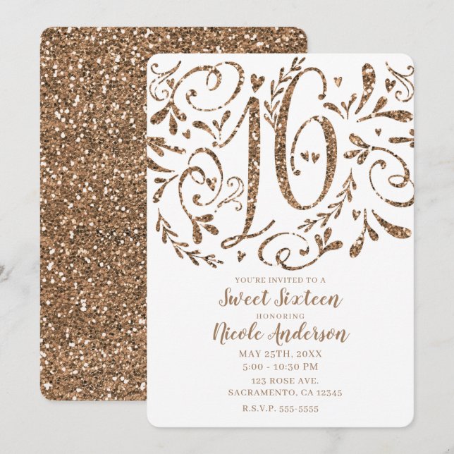Invitación Letras caprichosas con brillo de oro rosa Dulces 1 (Anverso / Reverso)