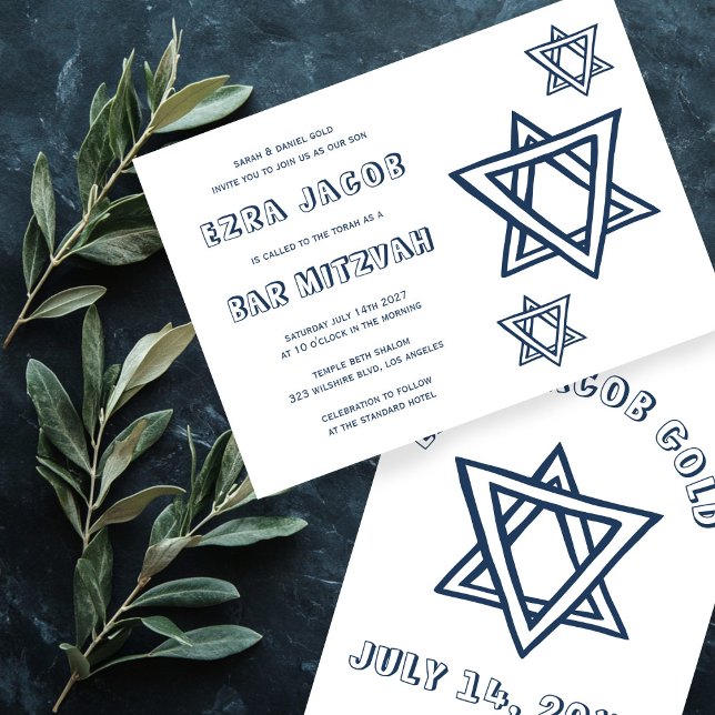Invitación LETRAS DE CONTORNO ESTRELLA DE DAVID Personalizada (OUTLINE LETTERS STAR OF DAVID Custom BAR Mitzvah Invitation
)