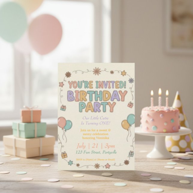 Invitación Letras de fieltro retro dulces y soleadas Cumpleañ (Subido por el creador)
