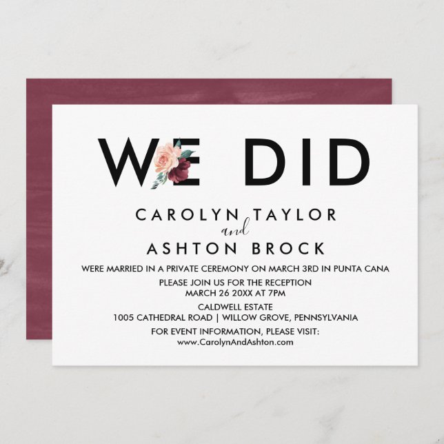 Invitación Letras de flor | Maroon Solo Lo Recibimos (Anverso / Reverso)