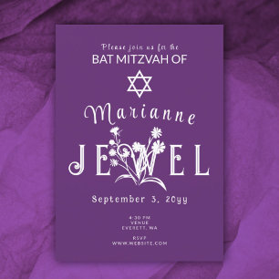 Invitación Letras de Flor Salvaje Purple Bat Mitzvah