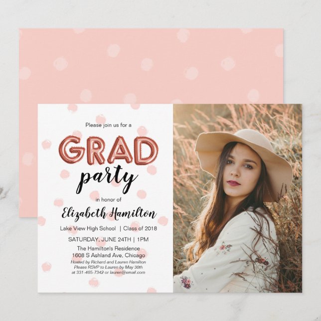 Invitación Letras de Globos de Oro Rosa y Fiesta de Graduació (Anverso / Reverso)