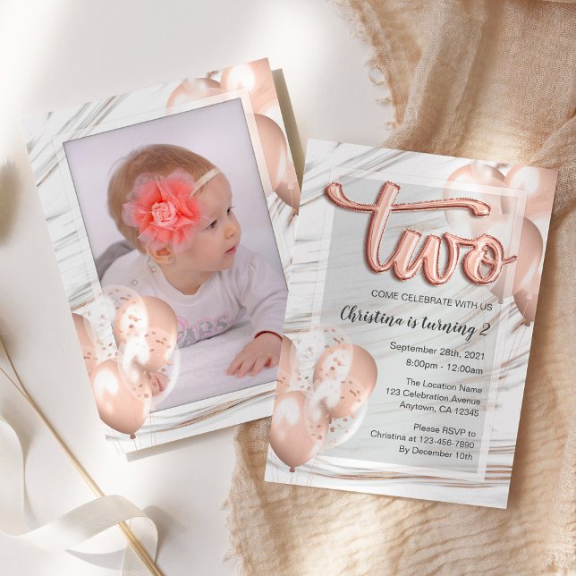 Invitación Letras de globos Marble Rosa Oro Segundo cumpleaño (Subido por el creador)